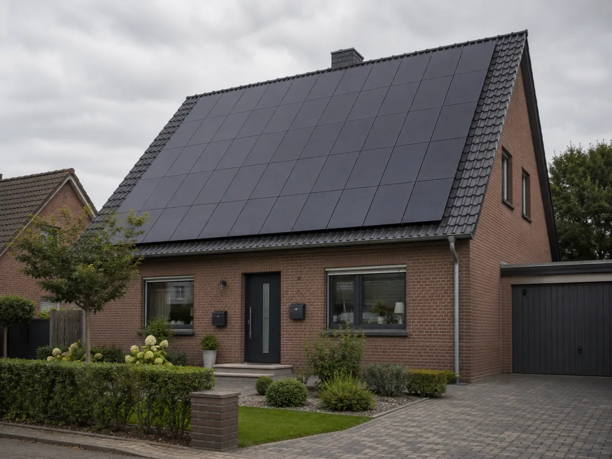 Modernes Einfamilienhaus aus Backstein mit schwarzer Photovoltaik-Anlage und Dachfenster auf dem Satteldach, Wallbox am Eingang im Abendlicht