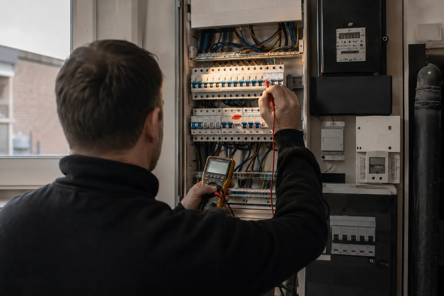 Elektro-Meister bei Wartungsarbeiten am Zählerschrank in Emmerich am Rhein