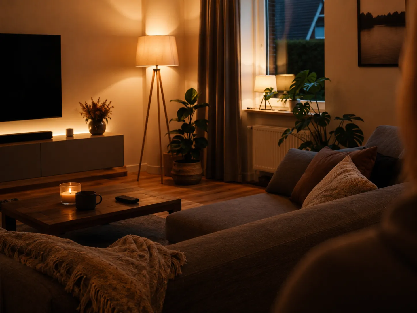 Gemütlich beleuchtetes Wohnzimmer mit moderner Smart-Home-Beleuchtung am Abend
