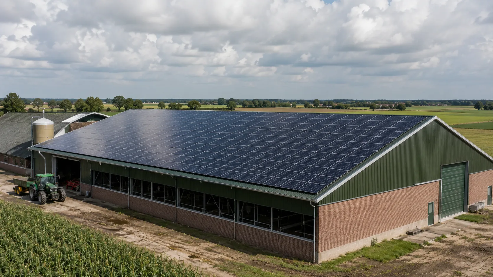 Landwirtschaftliches Gebäude mit Photovoltaik-Anlage auf dem Dach, moderne Solaranlage auf einer Scheune oder Halle