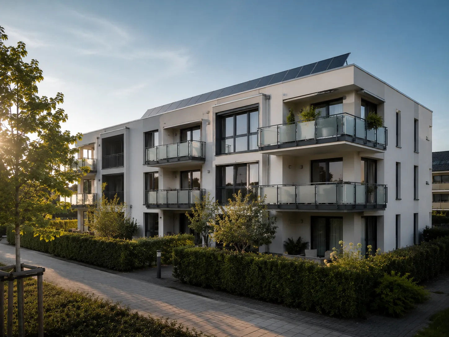 Modernes Mehrfamilienhaus mit Balkonen und Photovoltaik-Anlage auf dem Dach in Emmerich am Rhein
