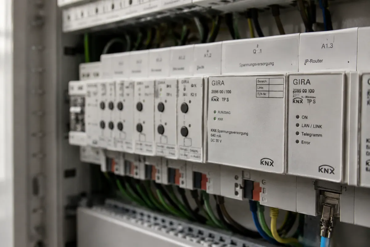 Elektriker installiert Kabel und Klemmen in einer offenen Wallbox